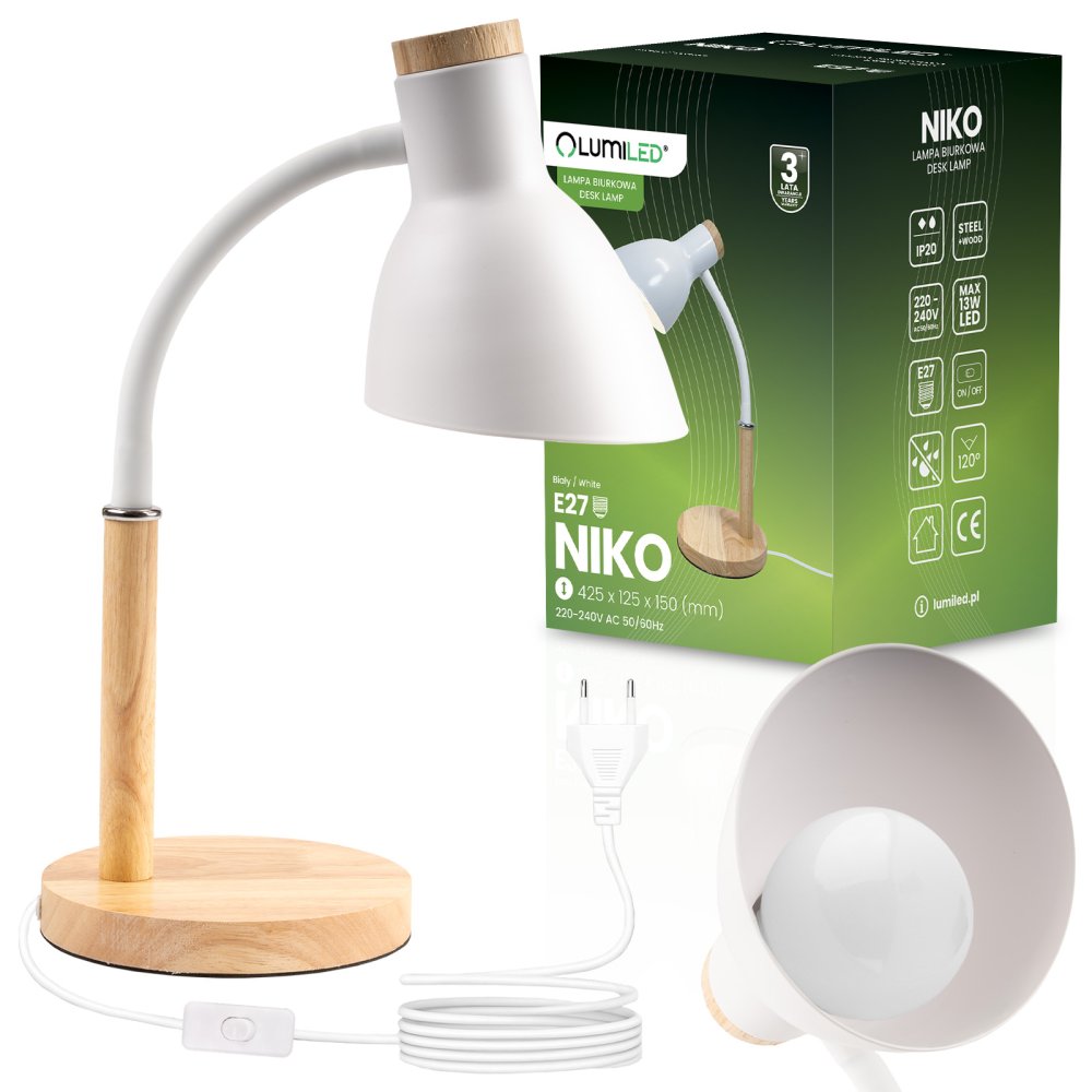 Stolná lampa školská kresliarska dekoratívna E27 NIKO biela Lumiled