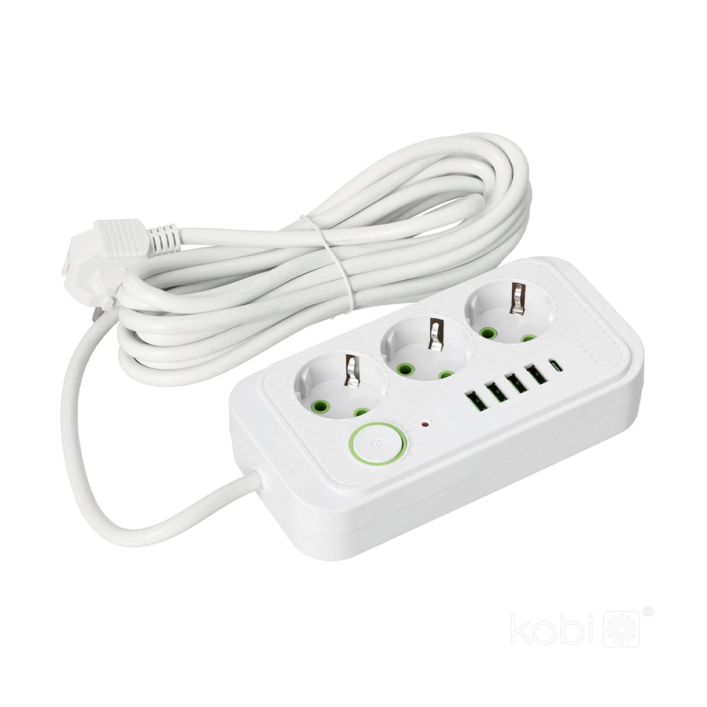 E-shop Predlžovačka sieťová zástrčka 3x zásuvka s uzemnením napájací pásik 4x USB USB-C vypínač On/Off 5m biely Linea Pro Kobi
