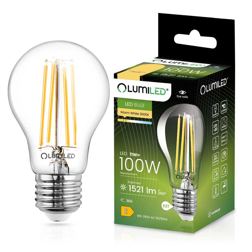 E-shop LED žiarovka E27 A60 11W = 100W 1521lm 3000K Warm 360° Filament LUMILED