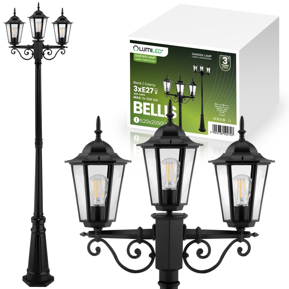 E-shop Vonkajšie záhradné svietidlo 3xE27 LAMppost 2m Black BELLIS LUMILED