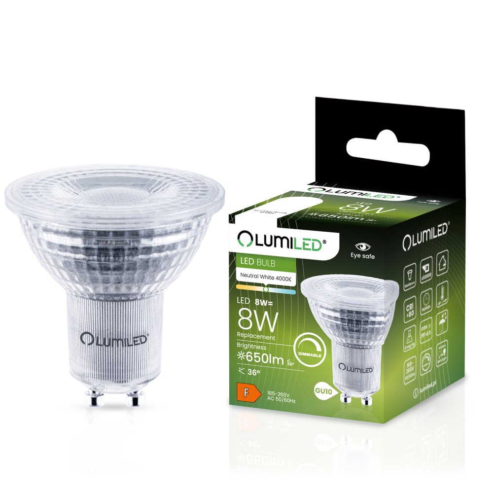 E-shop LED žiarovka GU10 8W = 80W 650lm 4000K Neutrálny reflektor 36° Stmievateľná Lumiled