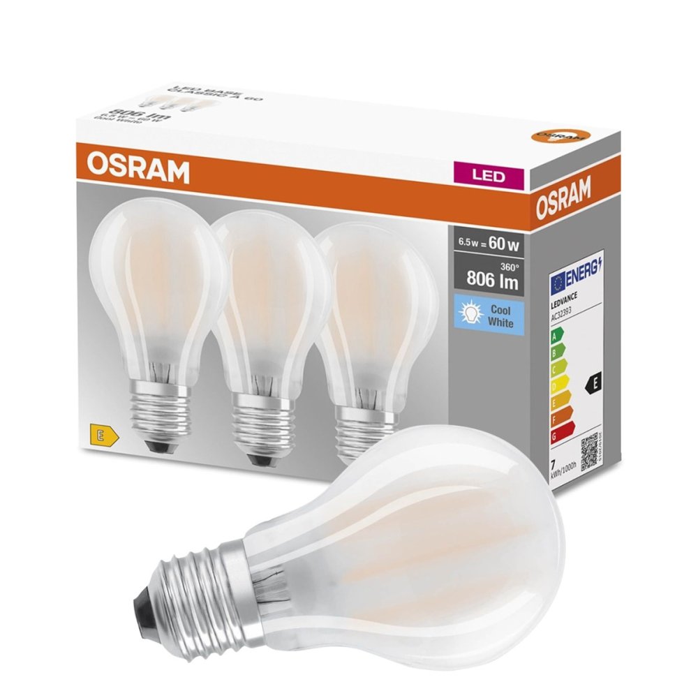 3PAK LED žiarovka E27 A60 6,5W = 60W 806lm 4000K Neutrálne 300° vlákno OSRAM BASE
