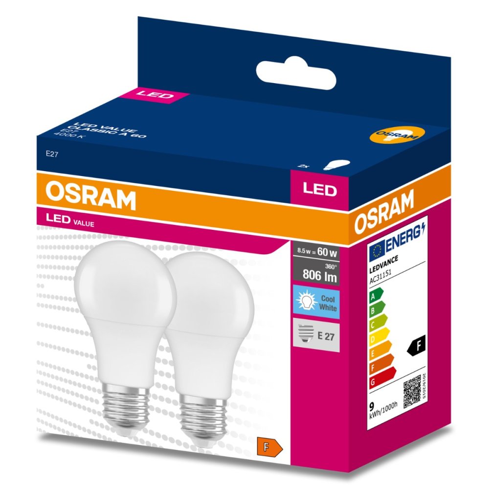 2PAK LED žiarovka E27 A60 8,5W = 60W 806lm 4000K Neutral 200° OSRAM VALUE