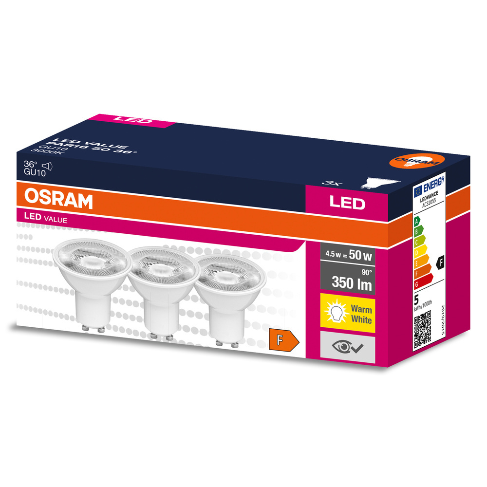 3PAK LED žiarovka GU10 4,5W = 50W 350lm 3000K Warm 36° OSRAM Value