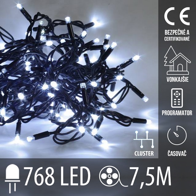 Vianočná led svetelná reťaz cluster vonkajšia s časovačom + programator + diaľkový ovládač - 768led - 7,5m studená biela