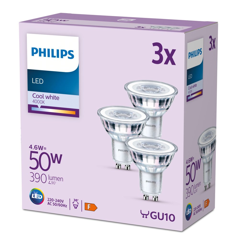 3x LED žiarovka GU10 Reflector PAR16 4,6W = 50W 390lm 4000K Neutral 36° EC Multipack Philips