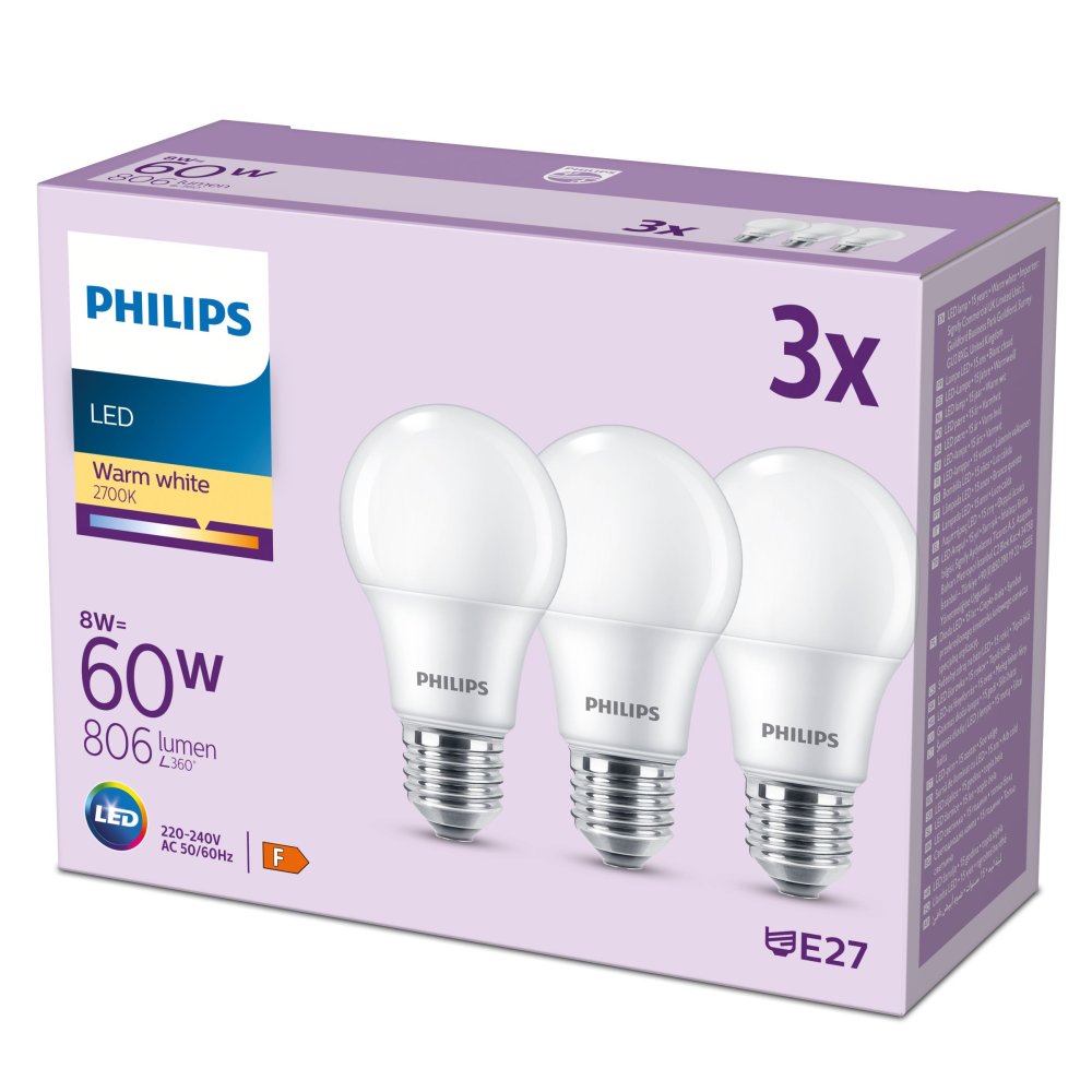 3x LED žiarovka E27 A60 8W = 60W 806lm 2700K Warm 150° EC Multipack Philips