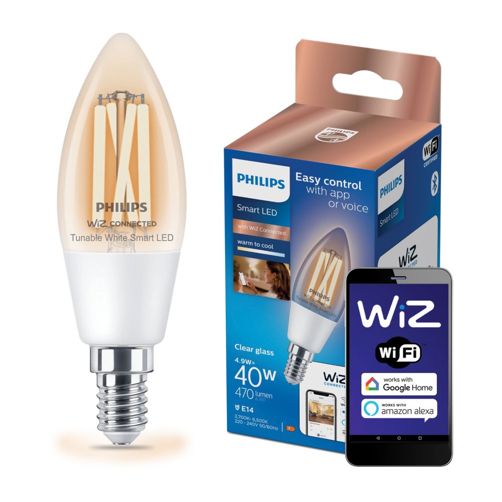 LED žiarovka E14 Candle C35 4,9W = 40W 470lm 2700-6500K TW FILAMENT Smart SMART WiFi Bluetooth App WiZ Philips