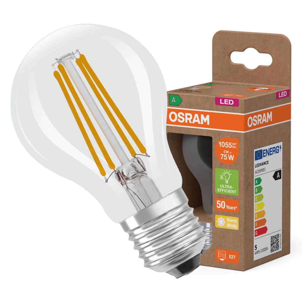 LED žiarovka A60 E27 5W = 75W 1055lm 2700K Warm 300° Filament CLASSIC ENERGETICKÁ ÚSPORNOSŤ Osram