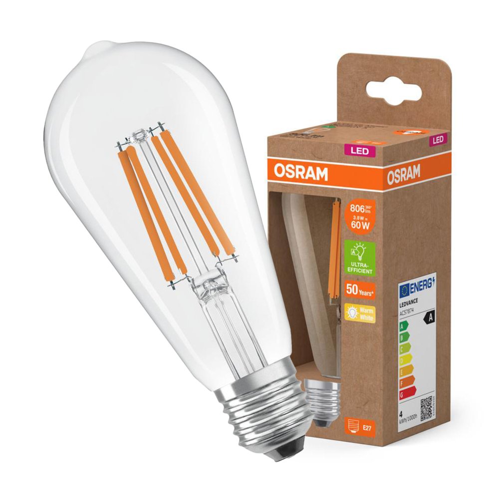 LED žiarovka ST64 E27 3,8W = 60W 806lm 2700K Warm 300° Filament CLASSIC ENERGETICKÁ ÚSPORNOSŤ Osram