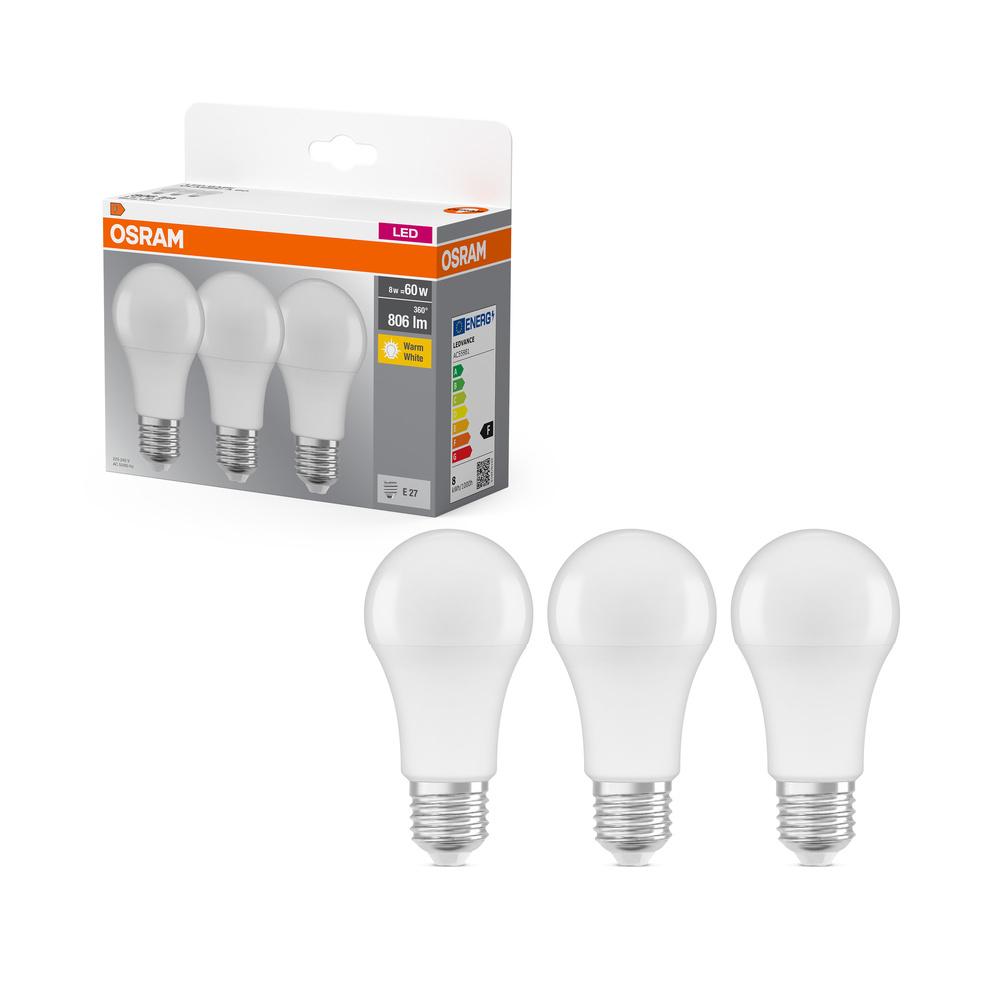 3x LED žiarovka A60 E27 8W = 60W 806lm 2700K Warm 150° BASE Osram