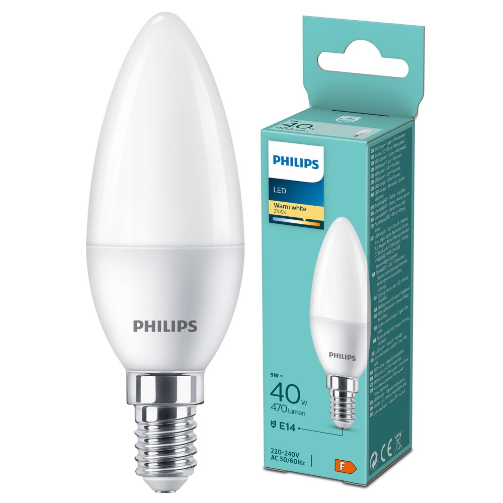 LED žiarovka E14 Candle B35 4,9W = 40W 470lm 2700K Warm Essential Philips