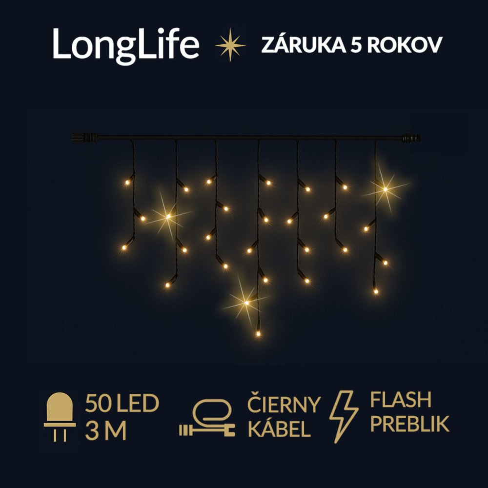 LongLife spojovateľná led svetelná záclona vonkajšia flash - 50led - 3m teplá biela / flash prebliknutie teplá biela