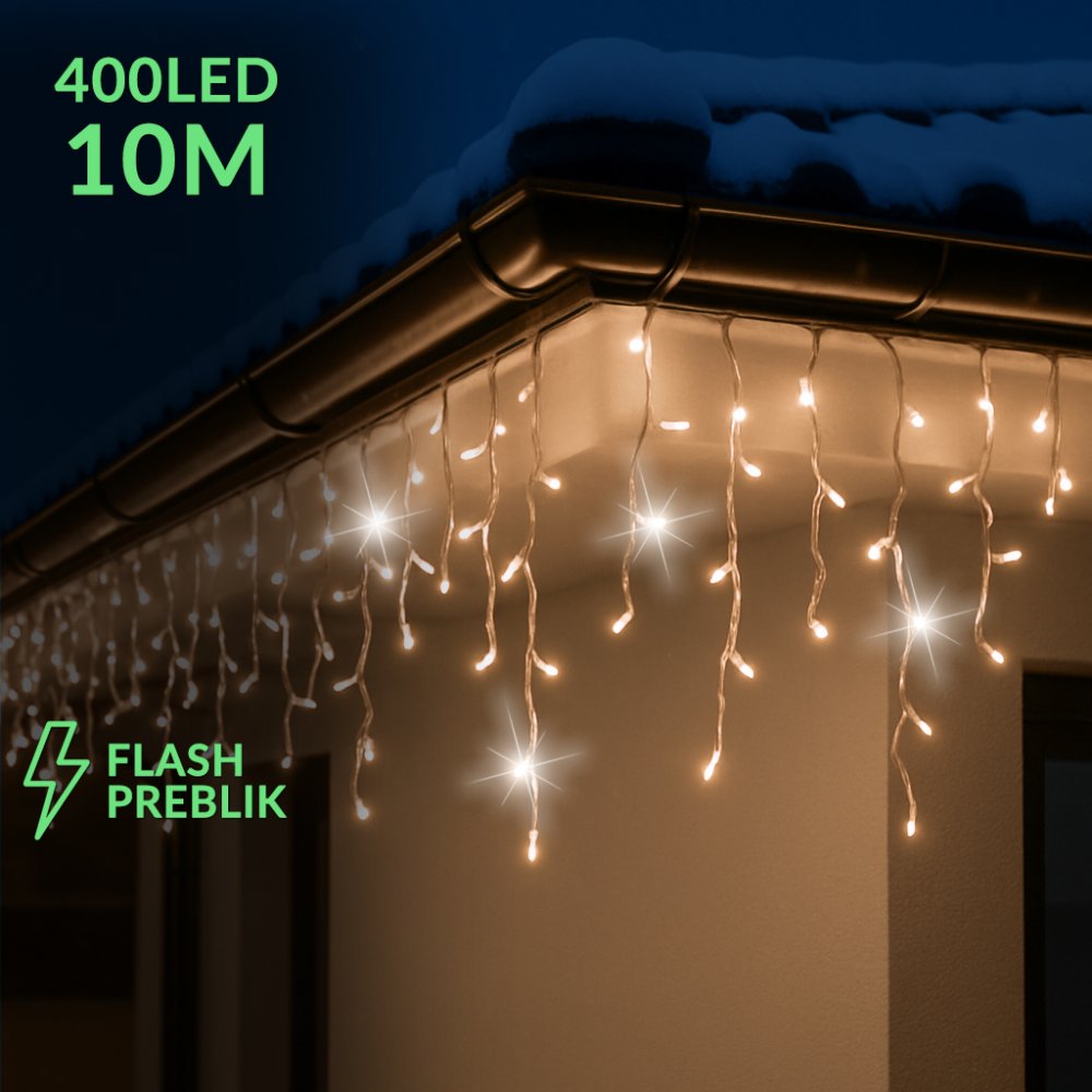 Vianočná led svetelná záclona vonkajšia flash - 400led - 10m teplá biela / studená biela