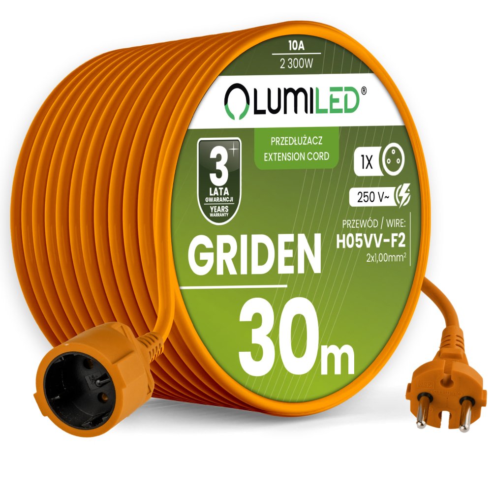 E-shop Záhradný predlžovací kábel stavebný jednoduchý 1 zásuvka 30m oranžový kábel GRIDEN Lumiled
