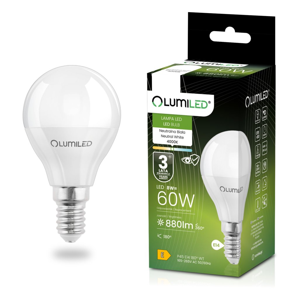 E-shop LED žiarovka E14 guľa P45 8W = 60W 880lm 4000K neutrálna 180° LUMILED