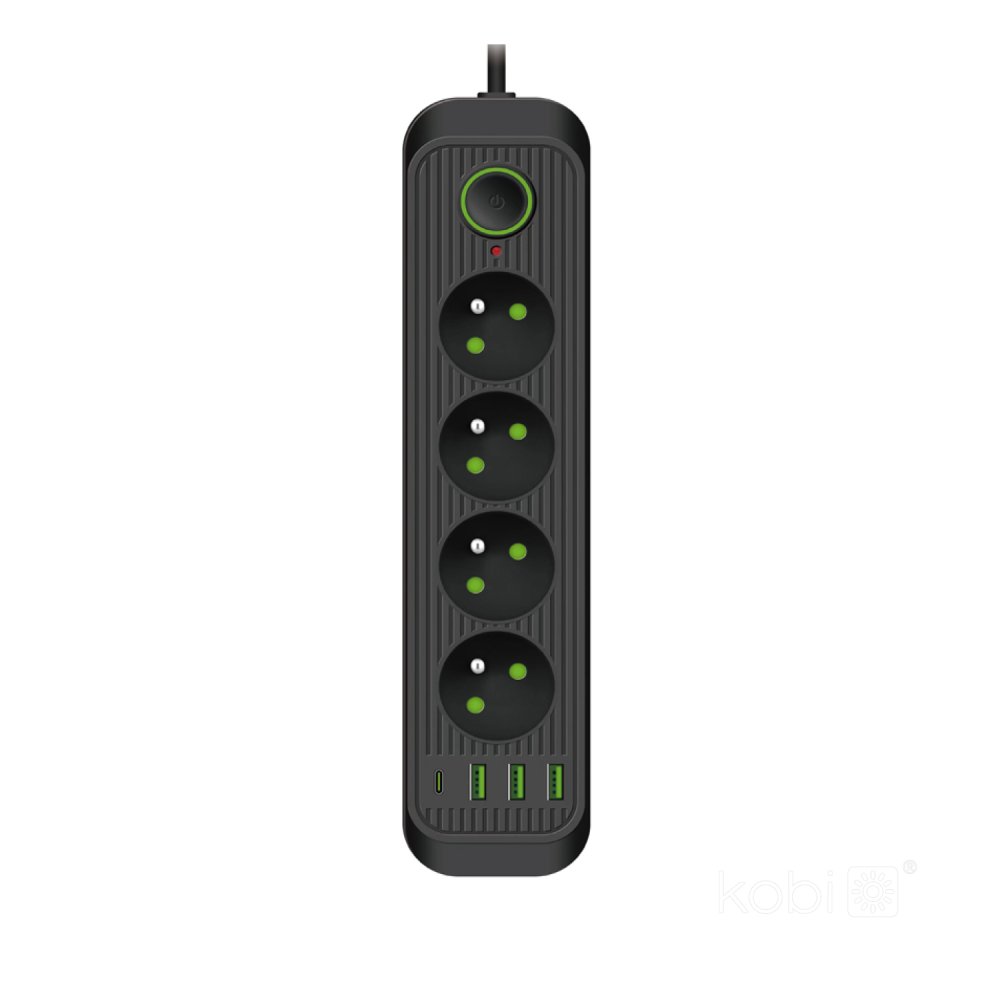 E-shop Predlžovací kábel sieťový 4x zásuvka s uzemnením USB vypínač on/off 5m čierny Connecto Kobi