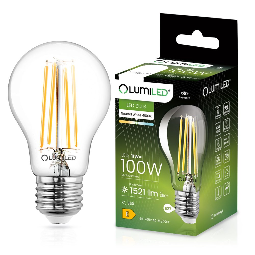 E-shop LED žiarovka E27 A60 11W = 100W 1521lm 4000K Neutrálne 360° vlákno LUMILED