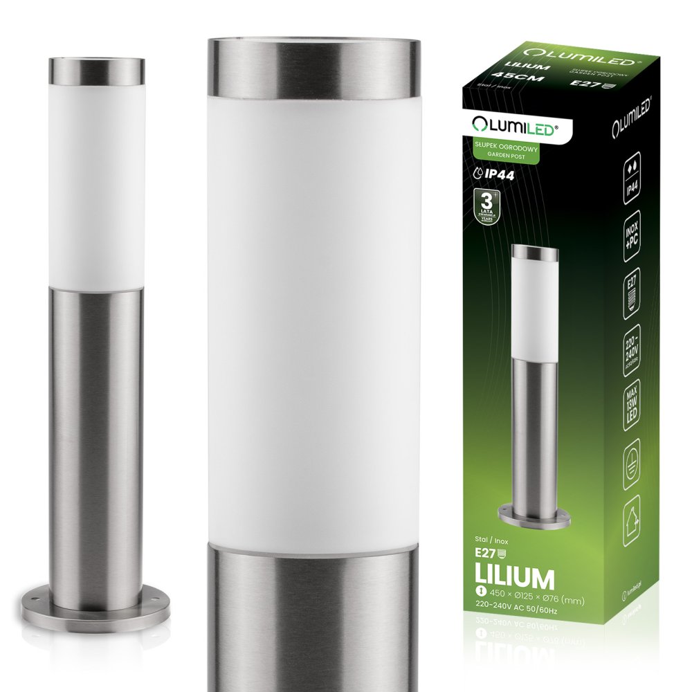 E-shop Vonkajšia záhradná lampa E27 INOX PIPE 45cm Lilium Lumiled