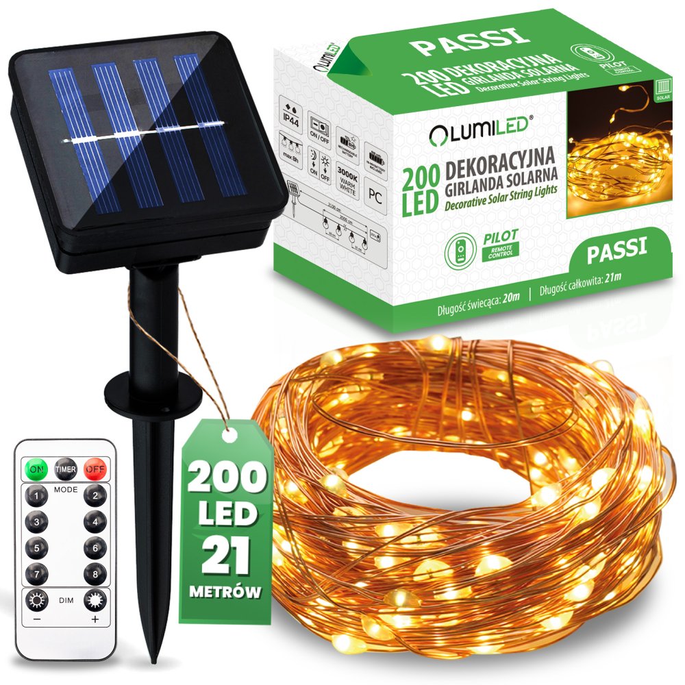 E-shop Solárna záhrada Girland 200x LED okrasná 21m teplá 3000K + Pilot PASSI LUMILED