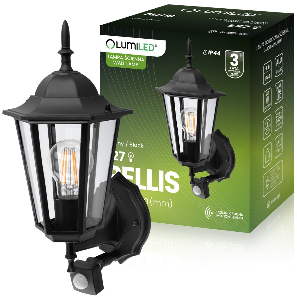 E-shop Vonkajšie nástenné svietidlo E27 so senzorom pohybu čierne BELLIS LUMILED