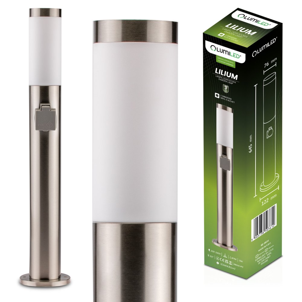 E-shop Vonkajšie záhradné svietidlo E27 INOX PIPE 65cm s 230V zásuvkou Lilium Lumiled
