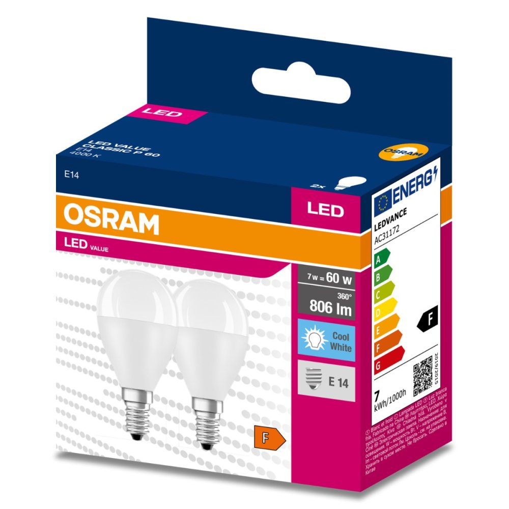 2PAK Żarówka LED E14 P45 7W = 60W 806lm 4000K Neutralna 200° OSRAM VALUE
