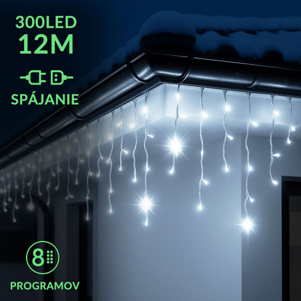Vianočná led svetelná záclona na spájanie vonkajšia flash - 300led - 12m - studená biela / studená biela