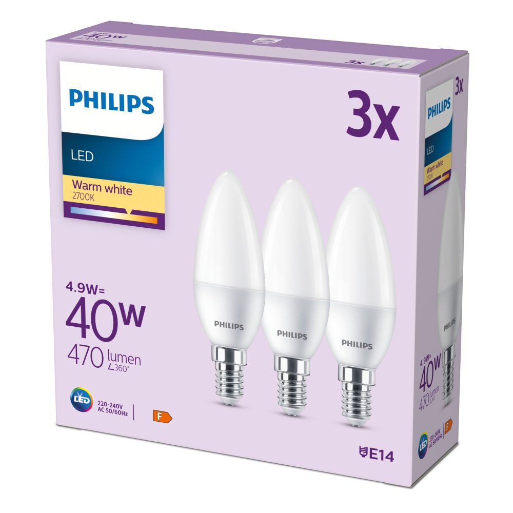 3x LED žiarovka E14 Candle B35 4,9W = 40W 470lm 2700K Warm EC Multipack Philips