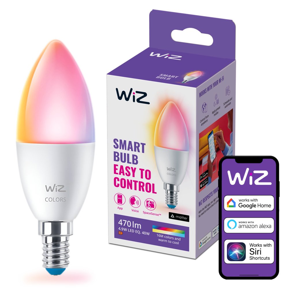 LED žiarovka E14 Candle C37 4,9W = 40W 470lm 2200-6500K RGB + TW Smart SMART WiFi Bluetooth App WiZ