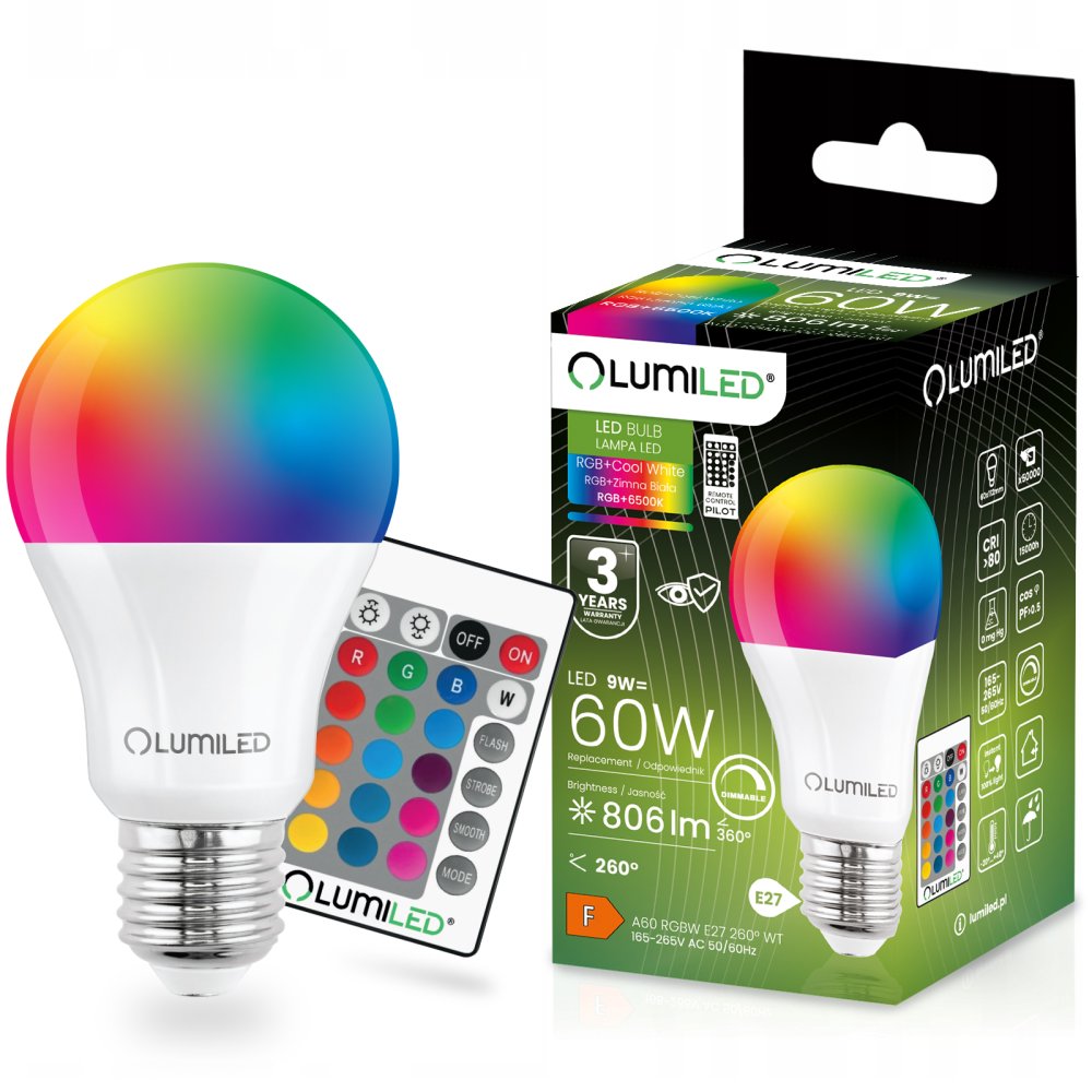 E-shop LED žiarovka E27 A60 9W = 60W 806lm 6500K + RGB Multicolour 260° Stmievateľná Pilot LUMILED