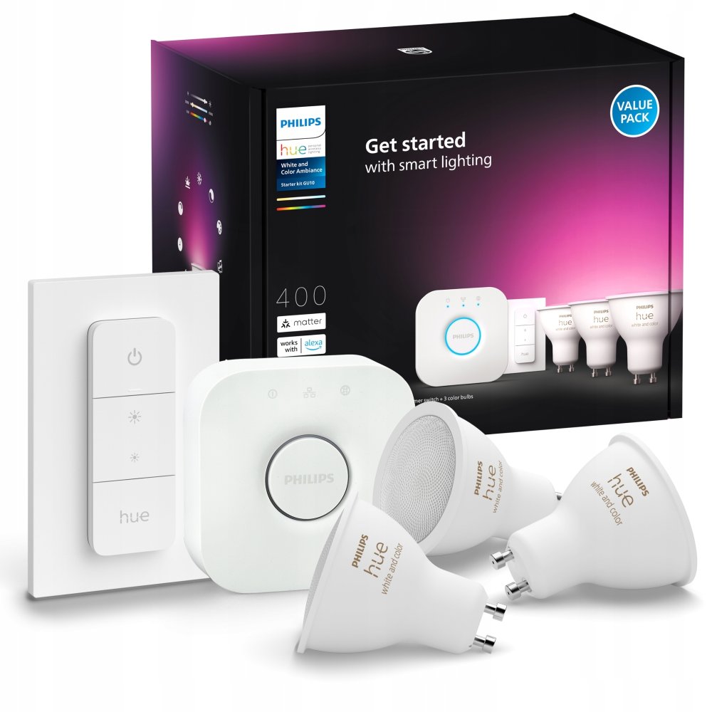 3x LED žiarovka GU10 s reflektorom 4,2W = 50W 400lm 2000-6500K CCT + RGB SMART Smart Bluetooth ZigBee White and Color Ambiance + Bridge Bridge + PILOT Regulátor Philips HUE Starter Kit