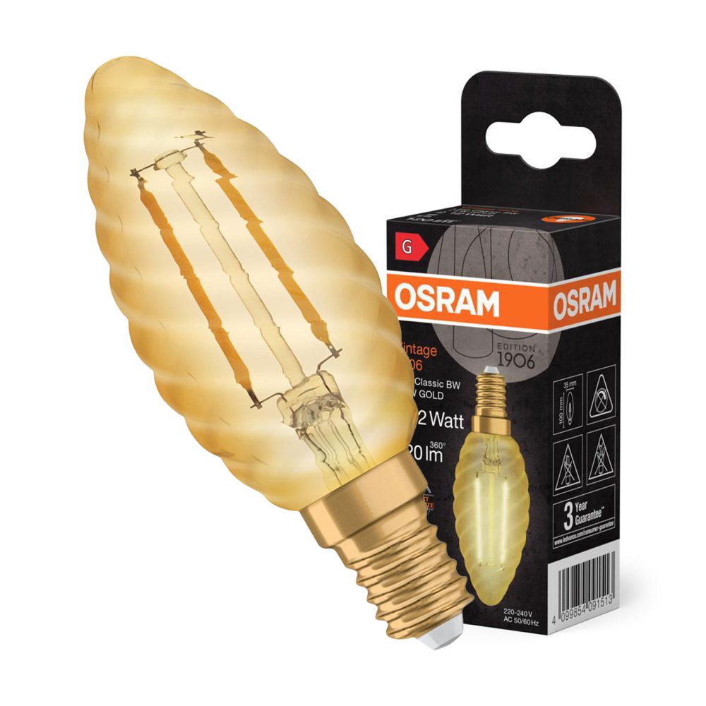 Dekoratívna žiarovka LED B33 Candle E14 1,5W = 12W 120lm 2400K Warm 300° Vintage 1906 Osram
