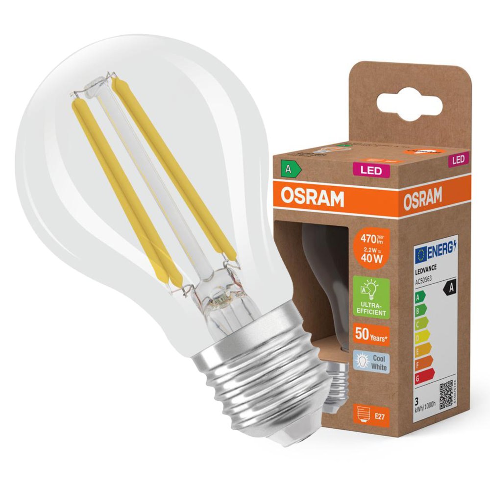 LED žiarovka A60 E27 2,2W = 40W 470lm 4000K Neutrálne 320° vlákno CLASSIC ENERGETICKÁ ÚČINNOSŤ Osram
