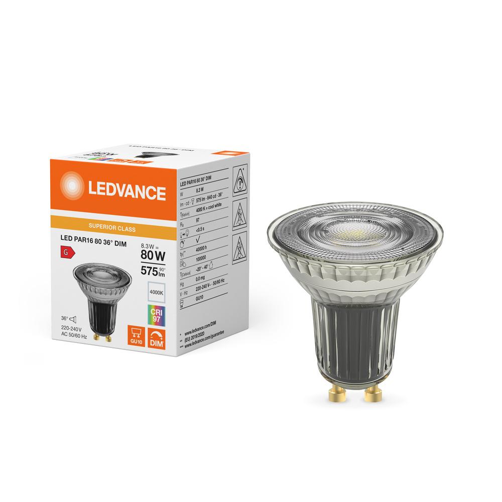 LED reflektorová žiarovka GU10 PAR16 8,3W = 80W 575lm 4000K Neutrálna 36° CRI97 Stmievateľná Ledvance