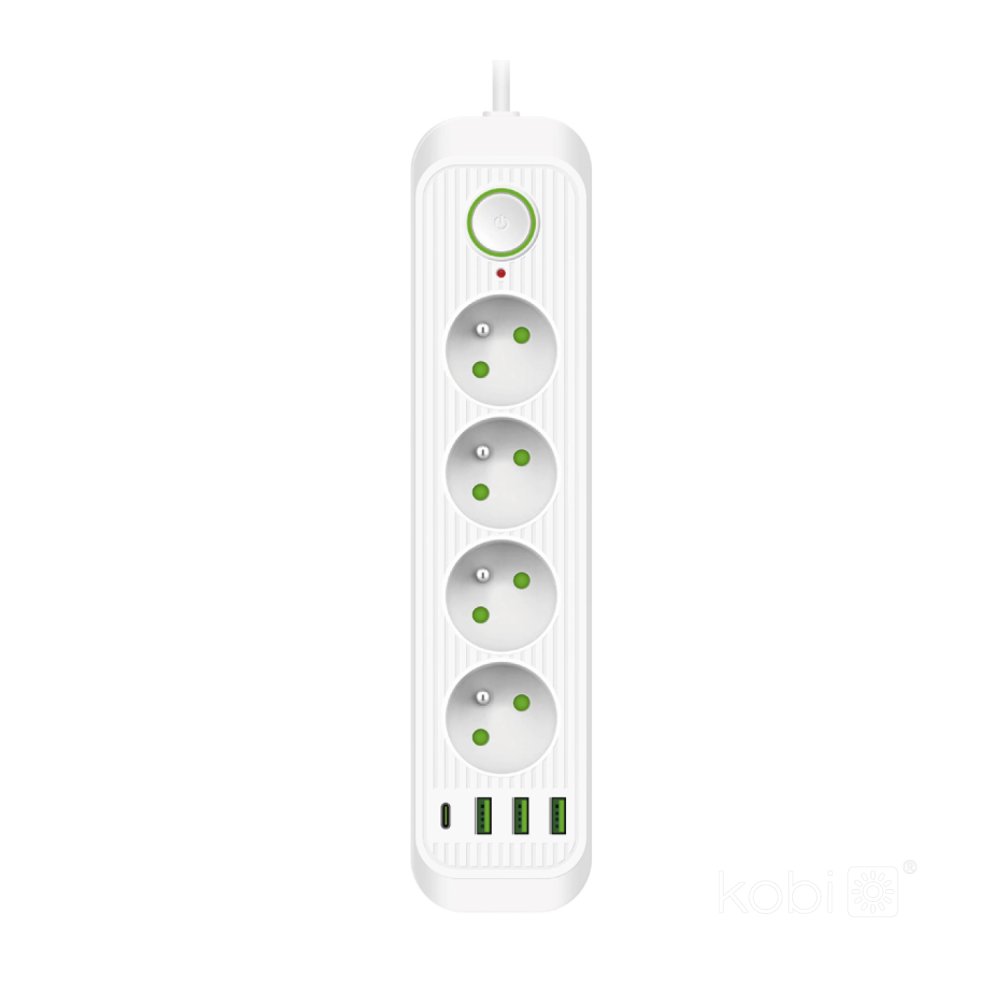 E-shop Sieťový predlžovací kábel 3m 4x zásuvka s uzemnením, napájací USB pás ON/OFF biely Connecto Kobi