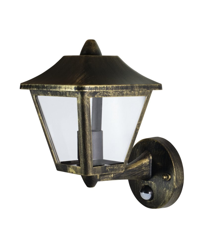 E-shop Vonkajšie nástenné svietidlo lampa elevačná latarnia E27 čierna zlatá IP44 so senzorom pohybu a súmraku Endura Osram