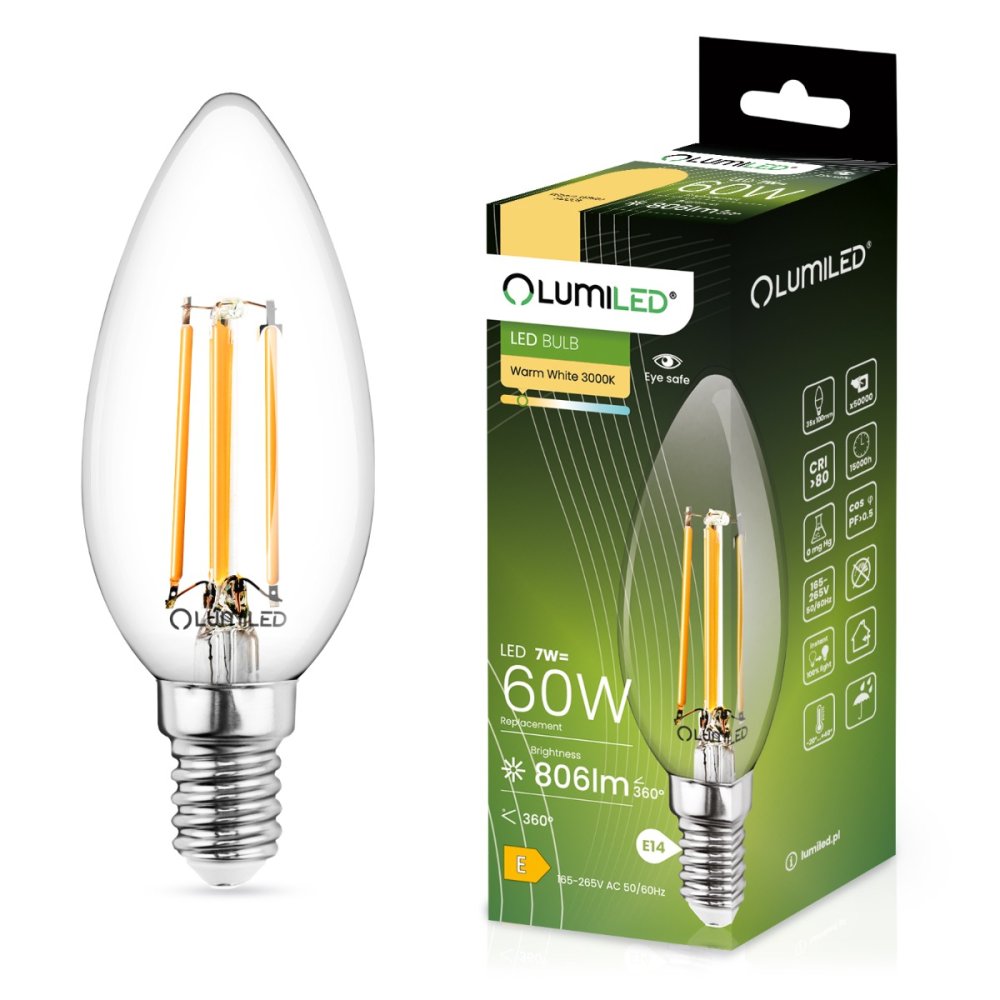 E-shop LED žiarovka E14 B35 7W = 60W 806lm 3000K Warm 360° Filament LUMILED