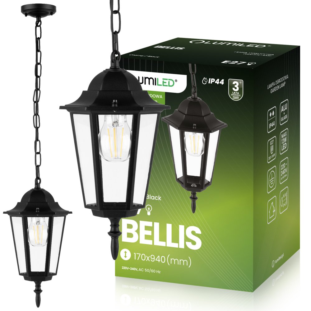 E-shop Vonkajšia závesná záhradná lampa E27 LATARNIA Black BELLIS LUMILED