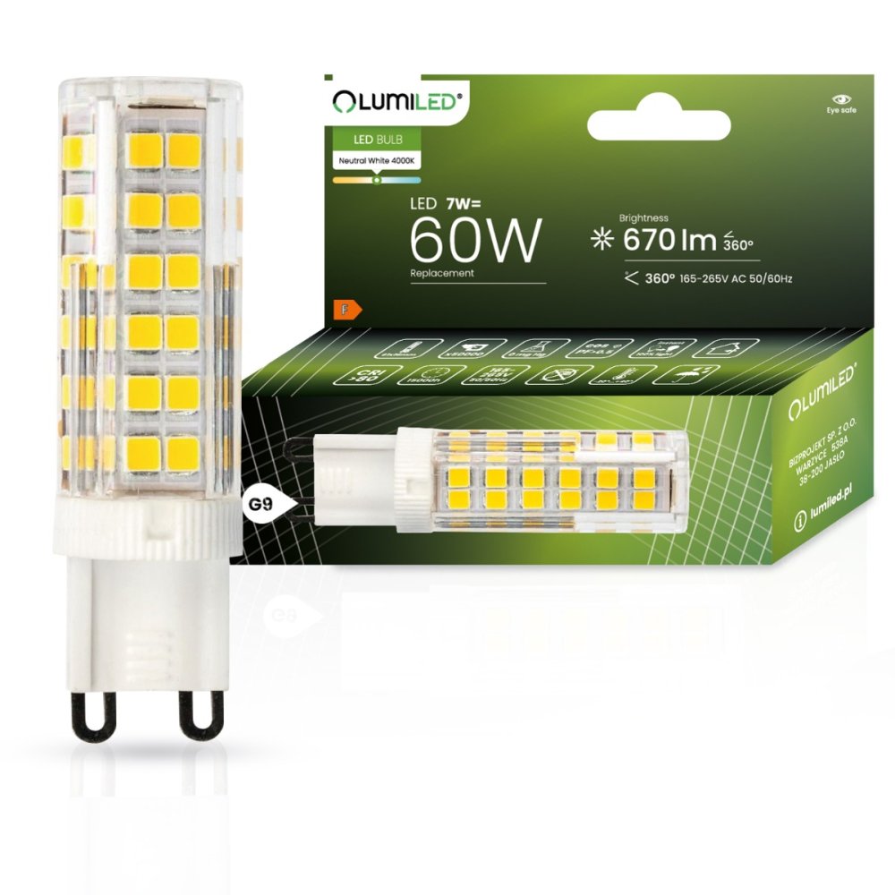 E-shop LED žiarovka G9 s päticou 7W = 60W 670lm 4000K Neutrálna 360° LUMILED