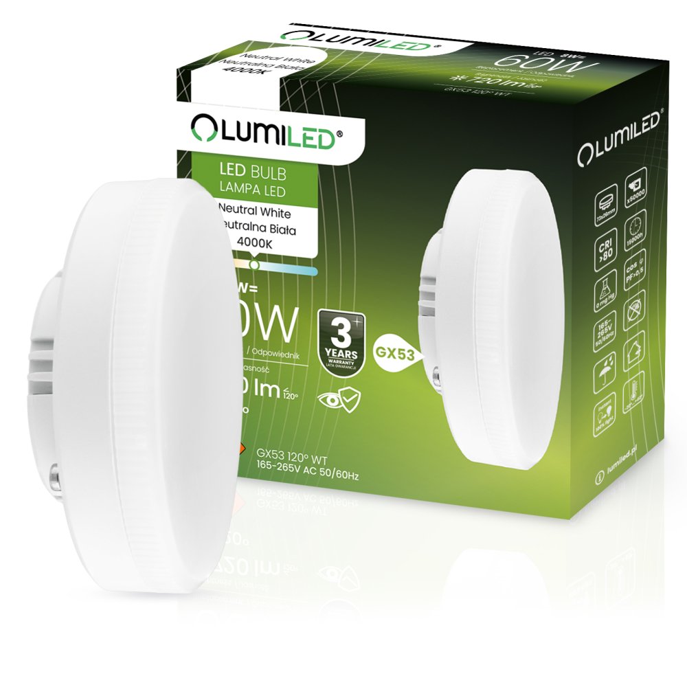 LED žiarovka GX53 8W = 60W 720lm 4000K Neutral 120° LUMILED