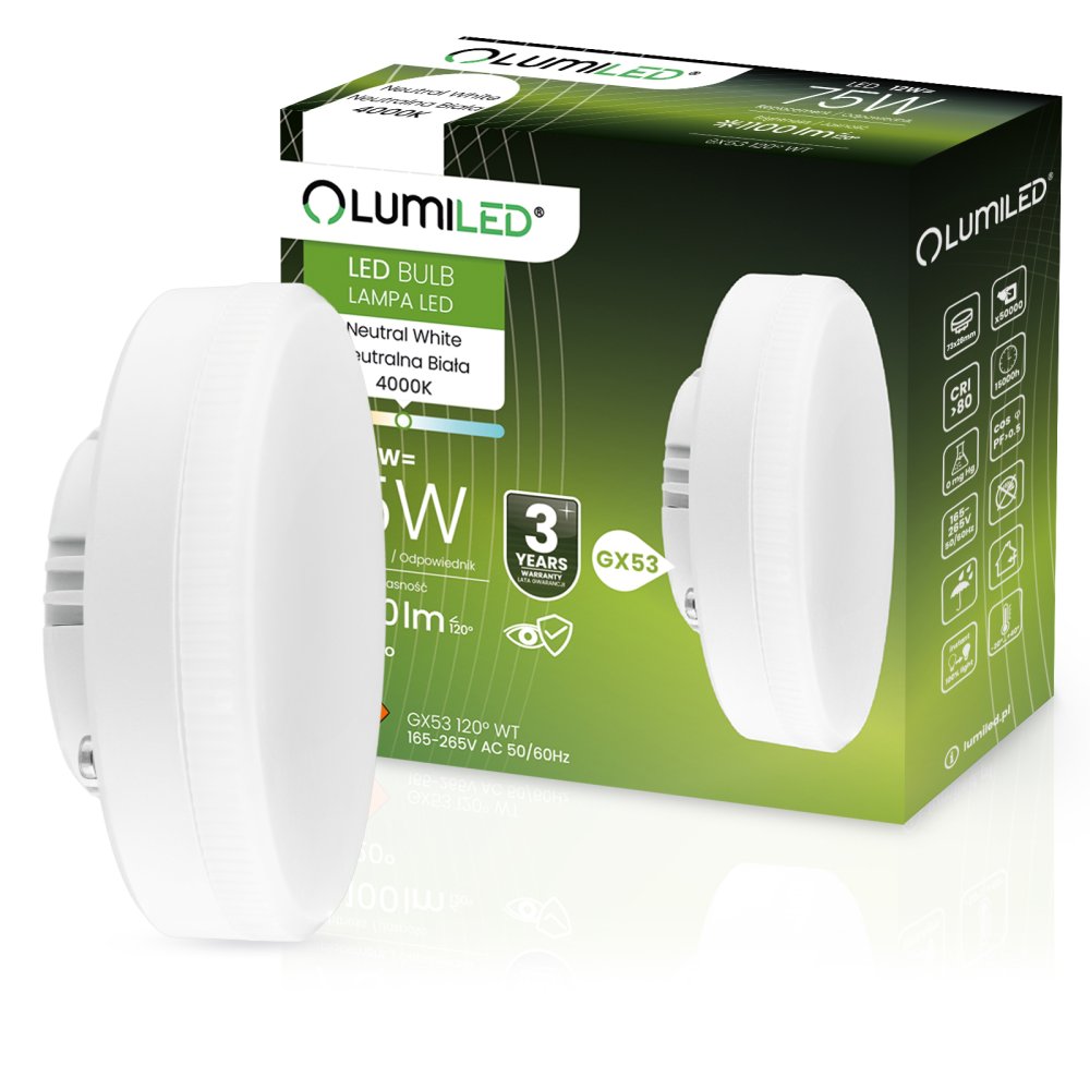 E-shop LED žiarovka GX53 12W = 75W 1100lm 4000K Neutral 120° LUMILED