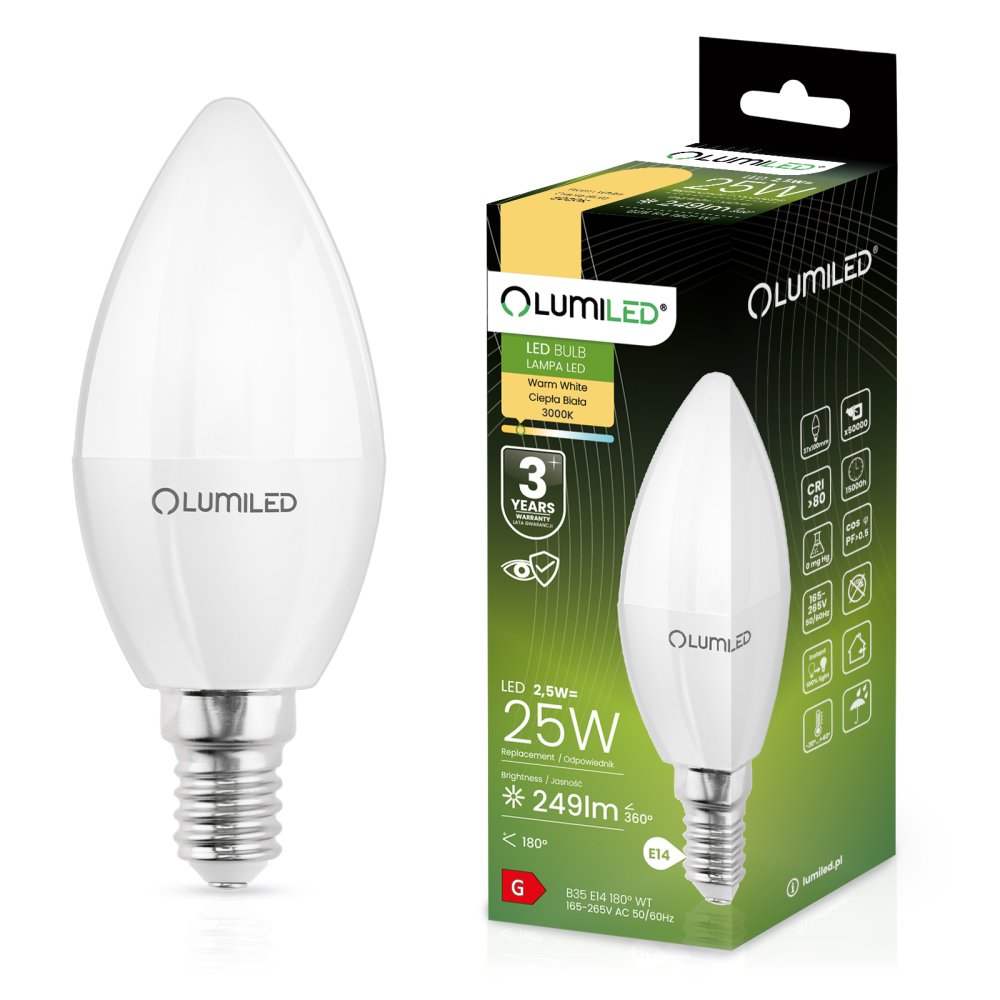 E-shop LED žiarovka B35 E14 2,5W = 25W 249lm 3000K Warm 180° LUMILED