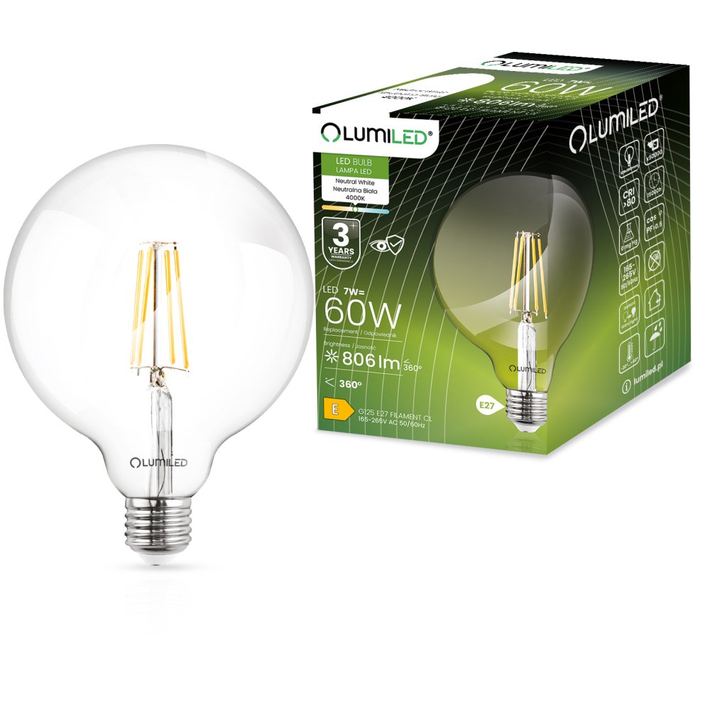 E-shop Dekoratívna LED žiarovka E27 G125 7W = 60W 806lm 4000K Neutrálna 360° žiarovka LUMILED globe