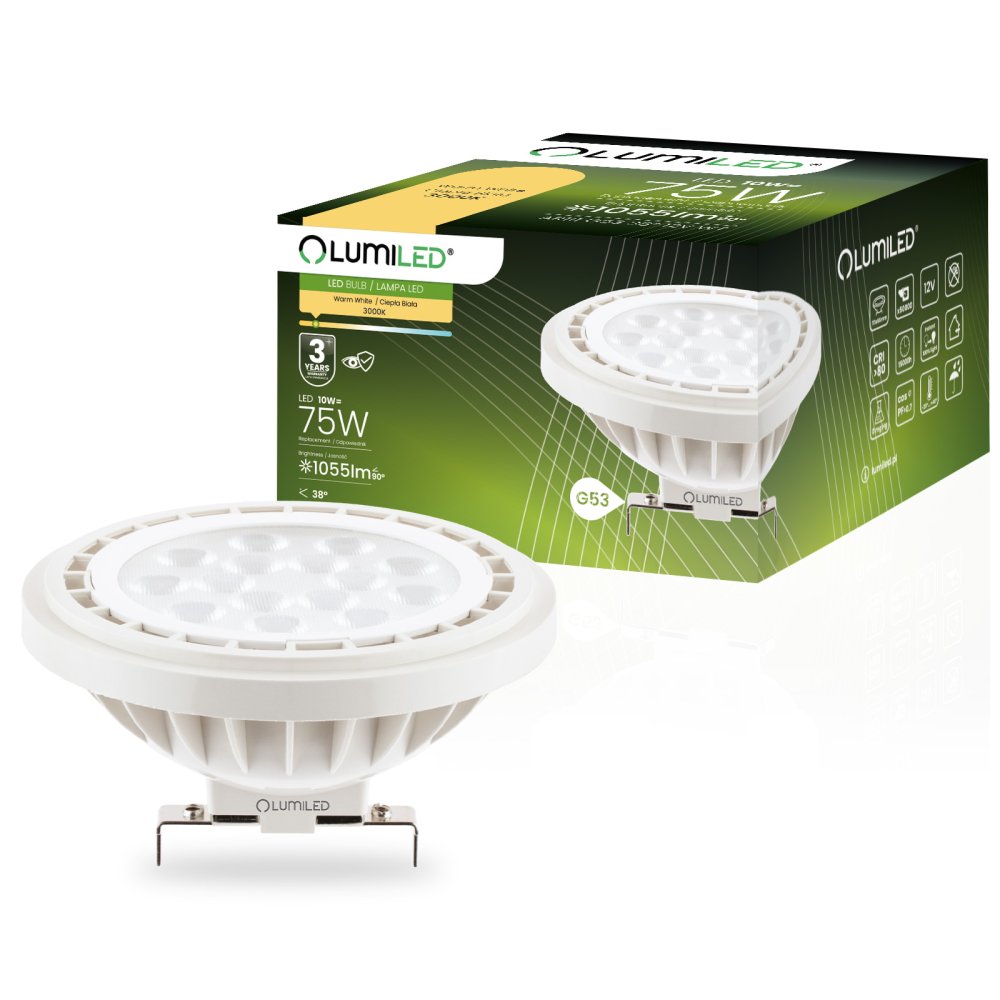 E-shop LED žiarovka G53 Reflector AR111 10W = 75W 1055lm 3000K Warm 38° 12V LUMILED