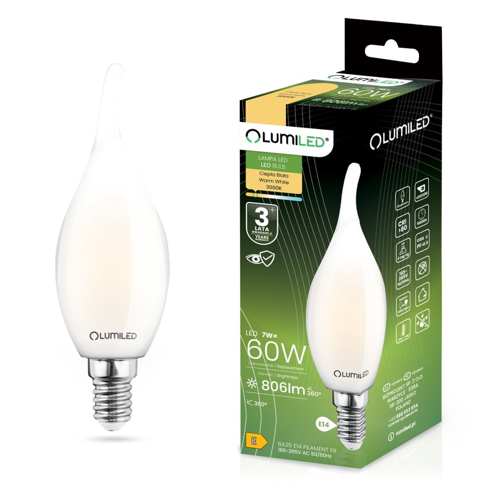 Žiarovka LED E14 Sviečka BA35 7W = 60W 806lm 3000K teplá 360° LUMILED