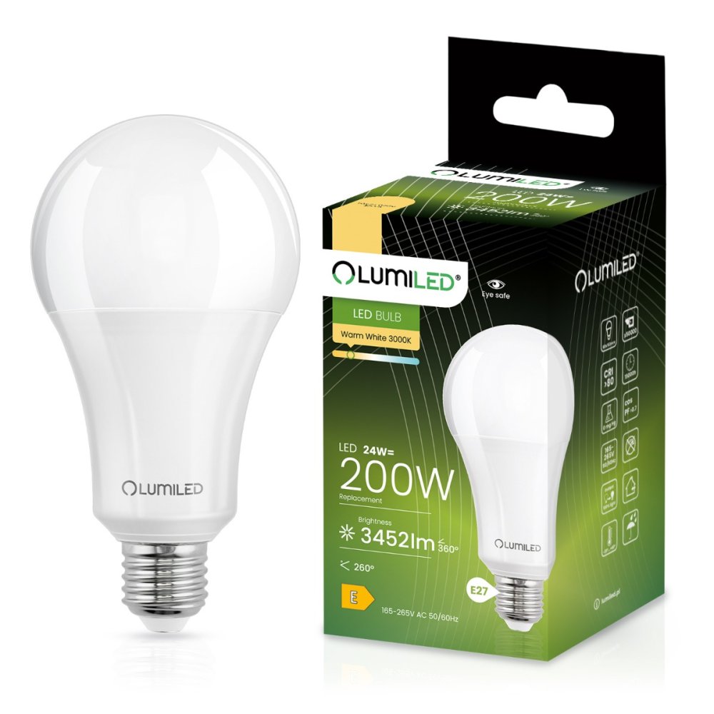 LED žiarovka E27 A80 24W = 200W 3452lm 3000K Warm 260° CCD LUMILED