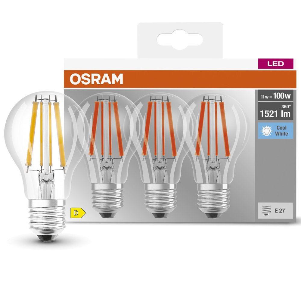 3PAK LED žiarovka E27 A60 CL 11W = 100W 1521lm 4000K Neutrálne 300° vlákno OSRAM BASE