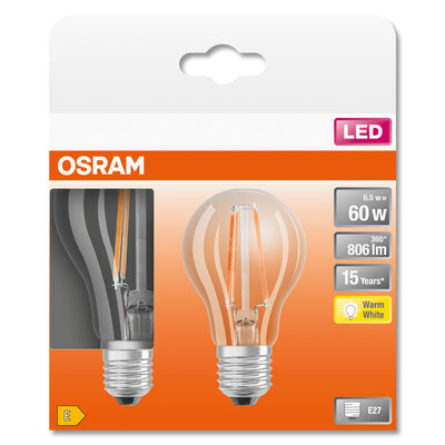 2Pak LED žiarovka E27 A60 6,5W = 60W 806lm 2700K Warm 300° Filament OSRAM STAR