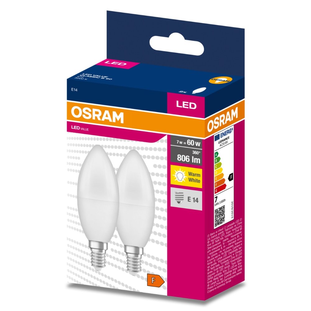 2PAK LED žiarovka E14 B35 7W = 60W 806lm 3000K Warm 220° OSRAM VALUE